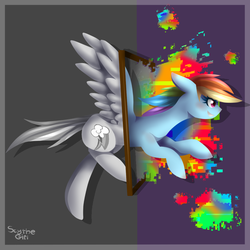 Size: 1000x1000 | Tagged: safe, artist:isketchi, rainbow dash, g4, female, partial color, solo, surreal