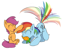 Size: 709x572 | Tagged: safe, artist:rainbow-dosh, artist:xioade, rainbow dash, scootaloo, pegasus, pony, g4, ^^, behaving like a dog, carrot, cute, cutealoo, dashabetes, duo, duo female, eyes closed, female, filly, foal, hnnng, mare, mouth hold, open mouth, pet, petting, simple background, smiling, tail wag, transparent background