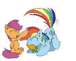Size: 709x572 | Tagged: safe, artist:rainbow-dosh, artist:xioade, rainbow dash, scootaloo, pegasus, pony, g4, animated, behaving like a dog, carrot, cute, dashabetes, eyes closed, female, filly, happy, hnnng, mare, mouth hold, open mouth, pet, pet play, petting, simple background, smiling, tail wag, transparent background