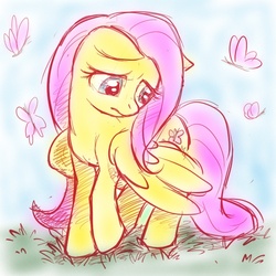 Size: 700x700 | Tagged: artist needed, safe, fluttershy, butterfly, g4, cute, female, frown, grass, looking away, raised hoof, shy, shyabetes, solo, spread wings