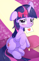 Size: 943x1469 | Tagged: safe, artist:aymint, twilight sparkle, pony, unicorn, g4, blushing, bow, cute, dandere, female, fluffy, hair bow, heart, looking at you, love letter, mare, mouth hold, pixiv, ribbon, solo, twiabetes, unicorn twilight