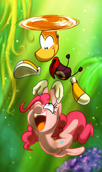 Size: 561x940 | Tagged: safe, artist:mickeymonster, pinkie pie, g4, action pose, carrying, crossover, flying, rayman, video game