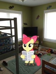 Size: 2448x3264 | Tagged: safe, artist:boltblazer, apple bloom, g4, 1000 years in photoshop, bed, clothes, irl, newspaper, photo, ponies in real life, reading, shoes, solo, stool, television, toy, vector