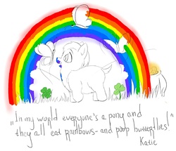 Size: 1200x1034 | Tagged: source needed, safe, artist:katie, butterfly, fluffy pony, clover, fluffy pony original art, four leaf clover, horton hears a who, hugbox, pot of gold, rainbow, solo