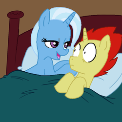 Size: 500x499 | Tagged: safe, artist:jcking101, artist:madmax, edit, trixie, oc, pony, g4, aftersex ponies, bed, bedroom eyes, blanket, canon x oc, female, frown, implied sex, male, morning after, pillow, sethisto, shipping, smiling, straight, surprised, wide eyes