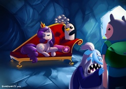 Size: 1432x1013 | Tagged: safe, artist:eosphorite, rarity, g4, adventure time, couch, crossover, crown, crying, finn the human, gunther, ice king, male, queen