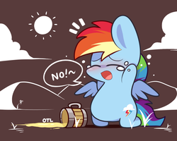Size: 1000x800 | Tagged: safe, artist:php56, rainbow dash, pegasus, pony, g4, :o, blushing, chibi, cider, cider dash, cloud, crying, cute, dashabetes, dialogue, eyes closed, female, flower, kneeling, open mouth, solo, spill, sun