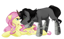 Size: 4200x2574 | Tagged: safe, artist:llacky, fluttershy, king sombra, pegasus, pony, unicorn, g4, armor, colored horn, curved horn, female, horn, looking at each other, lying down, male, mare, ship:sombrashy, shipping, simple background, sombra horn, stallion, straight, transparent background
