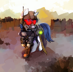 Size: 897x877 | Tagged: safe, artist:gikima, oc, oc only, oc:cereal velocity, pony, armor, clothes, commission, fallout, fallout: new vegas, gas mask, military, solo