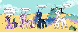 Size: 1397x572 | Tagged: safe, artist:hakar-kerarmor, princess cadance, princess celestia, princess luna, twilight sparkle, alicorn, pony, g4, alicorn tetrarchy, desert, female, lucky luke, mare, missing cutie mark, reference, sisters-in-law, the daltons, twilight sparkle (alicorn)