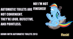 Size: 1024x549 | Tagged: safe, artist:fabulouspony, edit, rainbow dash, pegasus, pony, g4, automatic toilet, but why, down with molestia, down with molestia drama, down with this sort of thing, drama, sitting on toilet, solo, text, toilet