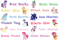 Size: 1400x950 | Tagged: safe, artist:xycuroisawesome108, apple bloom, applejack, fluttershy, pinkie pie, princess celestia, princess luna, rainbow dash, rarity, scootaloo, spike, sweetie belle, twilight sparkle, alicorn, dragon, earth pony, pegasus, pony, unicorn, g4, aidan drummond, alberto ghisi, apple sprout (male apple bloom), applebuck, applejack (male), applejohn (male applejack), armor, barb, brad swaile, bubble berry, butterscotch, cathy weseluck, colt, cutie mark crusaders, david hurwitz, dusk shine, elusive, foal, jillian michaels, lucas gilbertson, male, male six, mane seven, mane six, michael kopsa, nicole bouma, peter new, prince artemis, prince solaris, rainbow blitz, royal brothers, rule 63, sam vincent, scooteroll, scooterzoom, silver bell, simple background, stallion, text, vincent tong, voice actor, white background