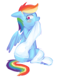 Size: 629x843 | Tagged: safe, artist:sion, rainbow dash, pegasus, pony, g4, blushing, clothes, female, mare, sitting, socks, solo