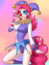 Size: 600x800 | Tagged: dead source, safe, artist:apzzang, pinkie pie, ponyacci, human, breasts, busty pinkie pie, clothes, clown, clown nose, costume, female, humanized, light skin, makeup, red nose, ruff (clothing), solo, tailed humanization