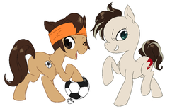 Size: 864x543 | Tagged: safe, artist:inja, bandana, endou mamoru, football, fudou akio, inazuma eleven, mark evans, ponified, wink