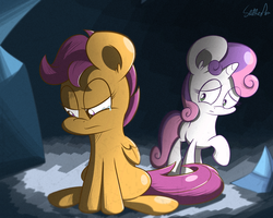 Size: 1500x1200 | Tagged: safe, artist:slitherpon, scootaloo, sweetie belle, g4, crying