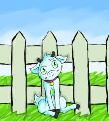 Size: 478x530 | Tagged: safe, artist:trickster-maplehoof, oc, oc only, goat, blushing, fence, non-pony oc, solo