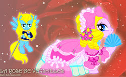 Size: 2032x1240 | Tagged: safe, artist:jucamovi1992, clothes, dress, gown, marie antoinette, oscar françois de jarjayes, ponified, sword, the rose of versailles, weapon