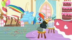 Size: 1136x640 | Tagged: safe, screencap, rainbow dash, rocky, g4, party of one, balloon, female, flying, solo