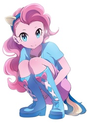 Size: 620x877 | Tagged: safe, artist:2-lettdodd, artist:karashim, pinkie pie, equestria girls, g4, blue eyes, boots, clothes, cute, diapinkes, explicit source, female, knees, long hair, looking at you, miniskirt, pixiv, skirt, solo, squatting, wavy mane, wondercolts, wondercolts uniform