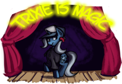 Size: 929x644 | Tagged: safe, artist:fauxsquared, trixie, pony, unicorn, luna-afterdark, trixie is magic, g4, clothes, female, hat, hoodie, mare, solo, stage