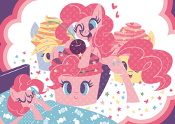 Size: 700x495 | Tagged: dead source, safe, artist:yousukou, derpy hooves, fluttershy, pinkie pie, pegasus, pony, g4, bed, cherry, cupcake, cupcake keepsakes, dream, female, funko, heart, mare, sleeping, toy