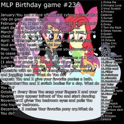 Size: 2000x2000 | Tagged: safe, apple bloom, applejack, derpy hooves, dinky hooves, fluttershy, pinkie pie, queen chrysalis, rainbow dash, rarity, scootaloo, sunset shimmer, sweetie belle, twilight sparkle, human, g4, birthday game, exploitable meme, human ponidox