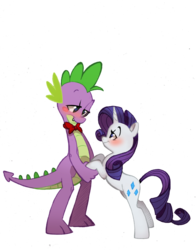 Size: 624x794 | Tagged: safe, artist:psychoon, rarity, spike, dragon, pony, unicorn, g4, bipedal, blushing, bowtie, female, male, mare, older, ship:sparity, shipping, simple background, straight, transparent background