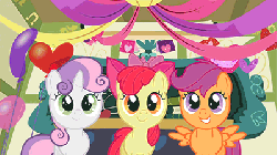 Size: 400x225 | Tagged: safe, screencap, apple bloom, scootaloo, sweetie belle, g4, hearts and hooves day (episode), animated, balloon, cutie mark crusaders, expressive bow, female, hearts and hooves day, ponyville schoolhouse, surprised