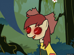 Size: 500x375 | Tagged: safe, apple bloom, flash sentry, earth pony, pony, ask flash sentry, story of the blanks, g4, animated, ask, blanked apple bloom, bow, everfree forest, female, filly, foal, gif, glowing, glowing eyes, hair bow, smiling, solo, stitched body, stitches, tumblr