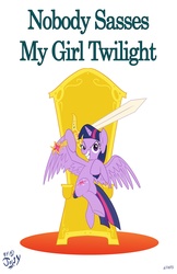 Size: 2280x3508 | Tagged: safe, artist:jowyb, twilight sparkle, alicorn, pony, g4, female, mare, sitting, solo, sword, throne, twilight sparkle (alicorn)