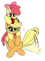 Size: 500x687 | Tagged: safe, artist:rainbow-dosh, artist:xioade, apple bloom, applejack, earth pony, pony, g4, apple, appledog, behaving like a dog, cute, eyes on the prize, open mouth, pony pet, tail wag, that pony sure does love apples, tongue out