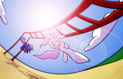 Size: 1024x656 | Tagged: safe, artist:northernsprint, princess celestia, princess luna, g4, cloud, lens flare, monkey bars, pink-mane celestia, playground, wide angle, younger