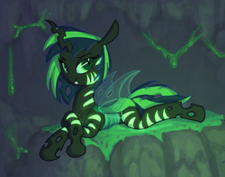 Size: 971x760 | Tagged: safe, artist:carnifex, oc, oc only, oc:queen scarlet, changeling, changeling queen, goo, hybrid, bioluminescent, cave, changeling oc, changeling queen oc, commission, female, green changeling, hive, interspecies offspring, mare, not changelingified, not species swap, not vinyl scratch, offspring, parent:oc:jack hyperfreak, parent:queen chrysalis, parents:canon x oc, princess, royalty, smug, solo, stripes