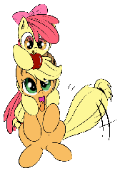 Size: 500x687 | Tagged: safe, artist:rainbow-dosh, artist:xioade, apple bloom, applejack, earth pony, pony, g4, animated, apple, apple bloom riding applejack, appledog, behaving like a dog, cute, eyes on the prize, female, gif, open mouth, ponies riding ponies, pony hat, pony pet, riding, tail wag, that pony sure does love apples, tongue out