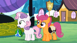 Size: 800x450 | Tagged: safe, screencap, scootaloo, sweetie belle, pegasus, pony, unicorn, g4, season 2, the cutie pox, animated, bag, bowling ball, cute, cutealoo, diasweetes, duo, female, filly, foal, gif, hopping, mouth hold, spitting, yay