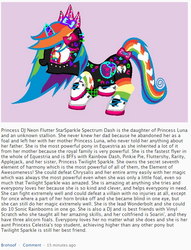 Size: 544x713 | Tagged: safe, artist:nopieforyouok, oc, oc only, oc:princess dj neon flutter starsparkle spectrum dash, alicorn, pony, /mlp/, 4chan, alicorn oc, artifact, best pony, bow, bronynet, canon x oc, clothes, crown, donut steel, female, hair bow, heart, heartbreak, horn, implied applejack, implied chrysalis, implied fluttershy, implied pinkie pie, implied princess celestia, implied princess luna, implied rainbow dash, implied rarity, implied soarin', implied twilight sparkle, implied vinyl scratch, jewelry, mare, multicolored hair, my eyes, original character do not steal, parent:princess luna, parody, rainbow hair, raised hoof, regalia, shoes, smiling, solo, tacky, text, tl;dr, wat, why, wings