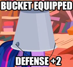 Size: 407x377 | Tagged: safe, twilight sparkle, g4, bucket, female, headbucket, helmet, image macro, solo