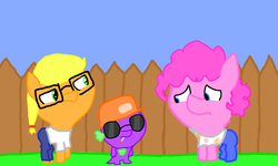 Size: 854x512 | Tagged: safe, artist:i-got-quest, applejack, pinkie pie, spike, g4, cigarette, clothes, crossover, fence, glasses, hat, jeans, king of the hill, ms paint, ponified, smoking, sunglasses, t-shirt, trio
