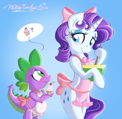 Size: 2424x2361 | Tagged: safe, artist:walliscolours, rarity, spike, dragon, pony, unicorn, g4, alternate hairstyle, apron, bipedal, clothes, cupcake, female, male, naked apron, ship:sparity, shipping, straight