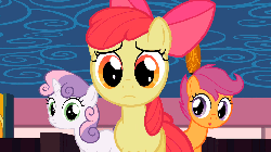 Size: 960x540 | Tagged: safe, screencap, apple bloom, scootaloo, sweetie belle, earth pony, pony, g4, the cutie pox, animated, cutie mark crusaders, expressive bow, female, sad