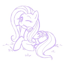 Size: 945x945 | Tagged: safe, artist:megasweet, fluttershy, g4, female, flower, flower in mouth, lineart, monochrome, mouth hold, one eye closed, prone, sketch, solo, wink