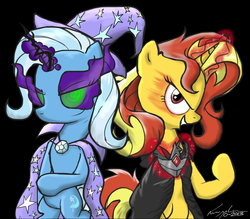 Size: 1050x920 | Tagged: safe, artist:flutterthrash, sunset shimmer, trixie, pony, unicorn, g4, alicorn amulet, cloak, clothes, counterparts, dark magic, duo, magic, sombra eyes, twilight's counterparts