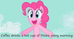 Size: 800x423 | Tagged: safe, pinkie pie, g4, coffee, female, insane pony thread, pinkie drinks a hot cup of coffee every morning., role reversal, solo