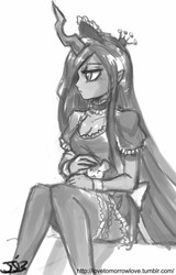 Size: 614x960 | Tagged: safe, artist:johnjoseco, queen chrysalis, human, g4, clothes, cuffs (clothes), elf ears, female, grayscale, horn, horned humanization, humanized, maid, monochrome, solo