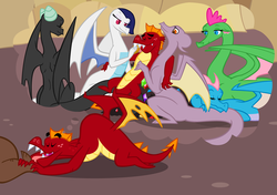 Size: 871x613 | Tagged: safe, artist:queencold, clump, garble, oc, oc:feign, oc:flare, oc:huddle, oc:ivory, oc:kindle, dragon, g4, adventure in the comments, dragoness, dream, eyes closed, feet, female, fetish, foot fetish, freckles, gem, gronkle, harem, hoard, licking, male, male feet, open mouth, sin of lust, smiling, teenaged dragon, tongue out