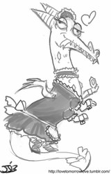 Size: 614x960 | Tagged: safe, artist:johnjoseco, crackle, dragon, g4, bow, clothes, female, gem, grayscale, heart, maid, monochrome, request, simple background, solo, tongue out, white background