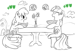 Size: 900x623 | Tagged: safe, artist:xioade, cheerilee, twilight sparkle, earth pony, pony, unicorn, g4, duo, duo female, female, flower, mare, monochrome, pictogram, table, talking, the sims, unicorn twilight