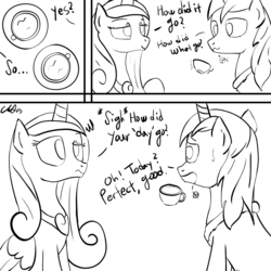 Size: 1000x1000 | Tagged: safe, artist:cs, princess cadance, shining armor, comic:day-off, g4, comic, monochrome