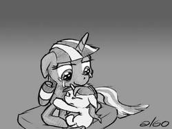 Size: 800x600 | Tagged: safe, shining armor, twilight velvet, g4, colt, crying, eyes closed, floppy ears, hug, monochrome, pillow, younger